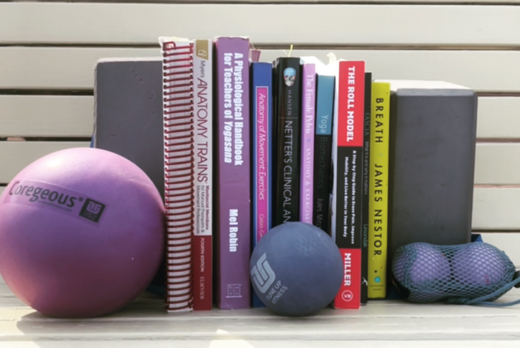 Several anatomy, physiology, and yoga books on a bench with yoga blocks as book ends. Roll Model® Method therapy balls are in front of the books.